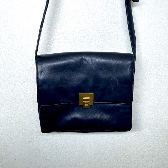 PERLINA Vintage navy blue leather square crossbody bag - Picture 1 of 11